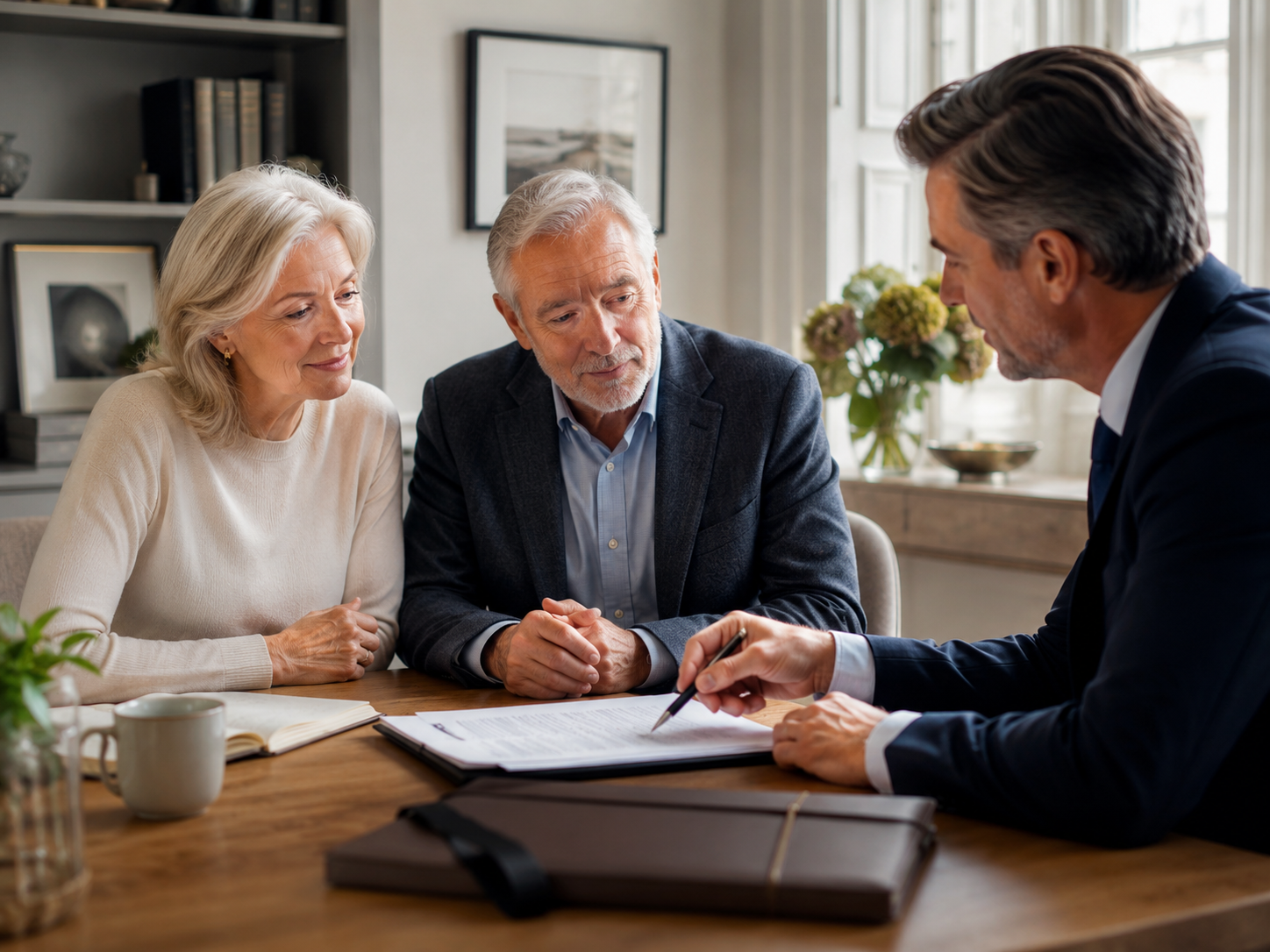 An older couple completing their will with an adviser